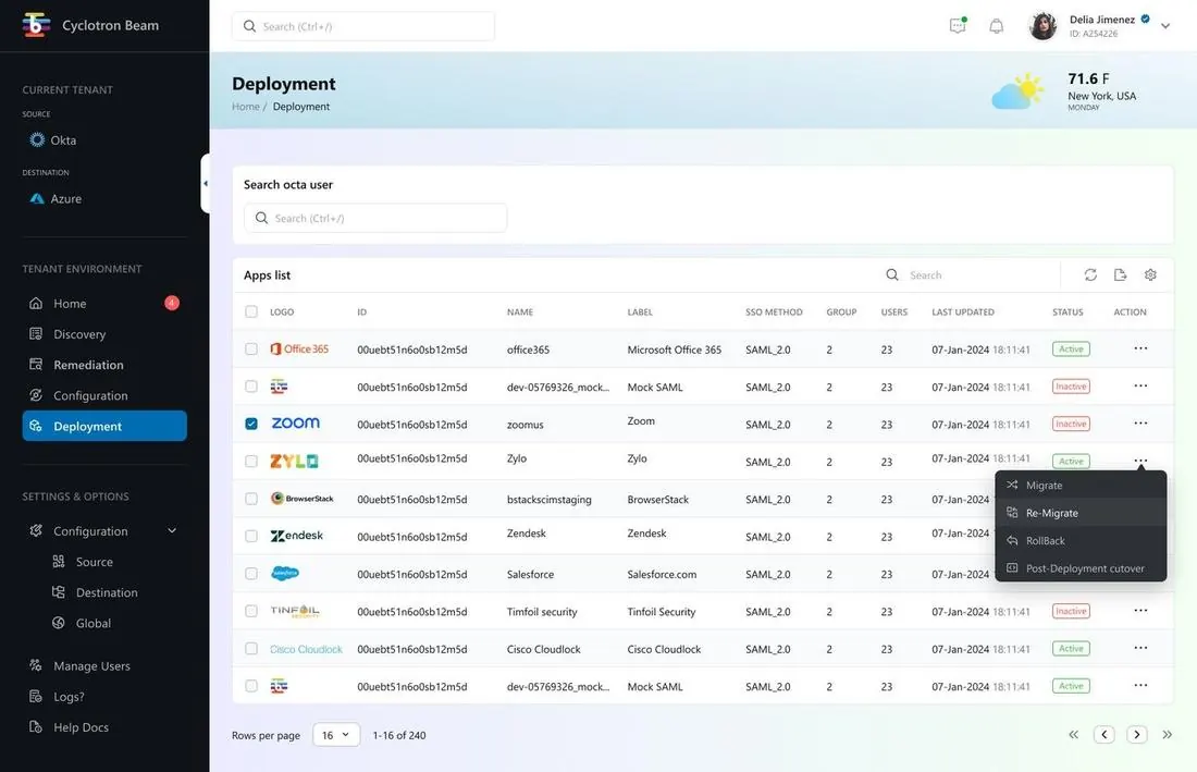 Future-state Deployment: apps list with status chips and a row menu for migrate and rollback actions