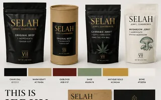 Selah Jerky packaging, direction 1, in black, kraft and bone