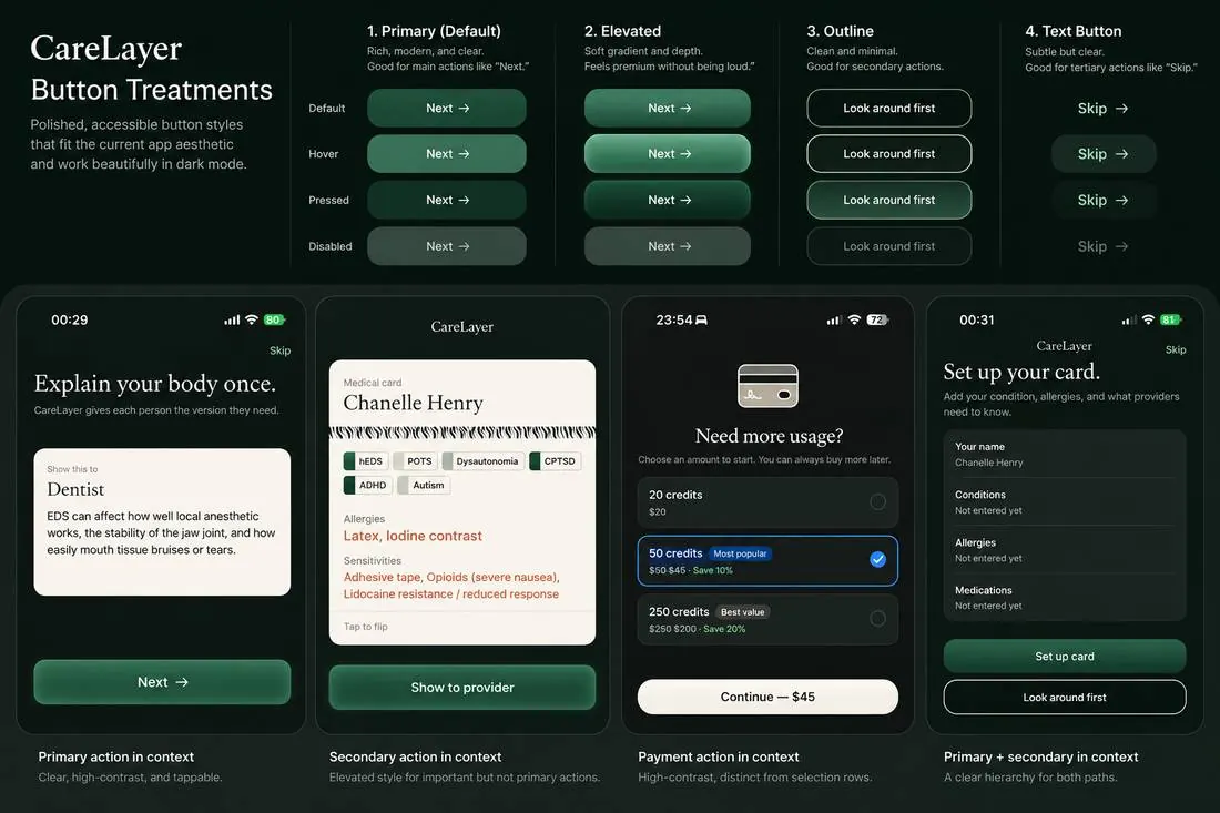 CareLayer dark-mode button system across four phone screens