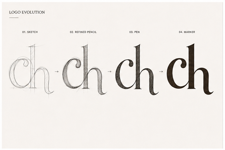 The CH monogram evolving from pencil sketch to finished marker form